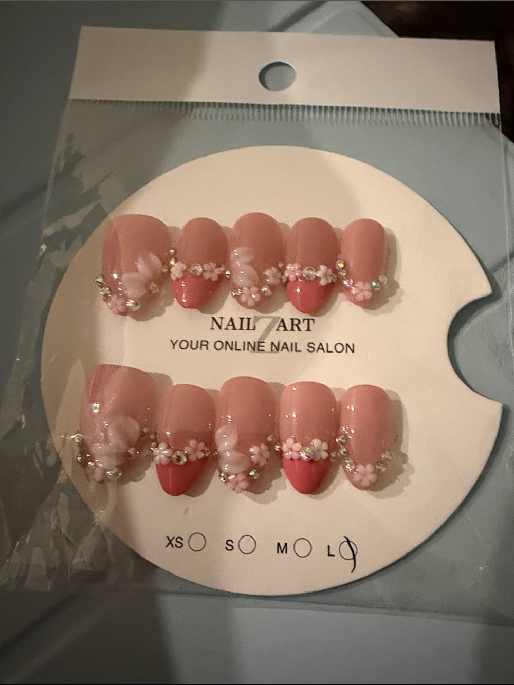 Pink Floral 3D handmade acrylic Press-On Nails with Rhinestones